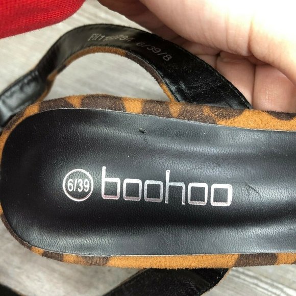 Boohoo Block Heel Leopard Print Sandals Wrap Ankle Size 8 Open Toe Brown Black - Picture 11 of 12